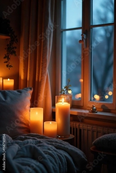 Fototapeta Tranquil Dusk Living Room Candles Glow, Illuminating Window View, Warm & Inviting Atmosphere, Perfect for Home Decor & Relaxation
