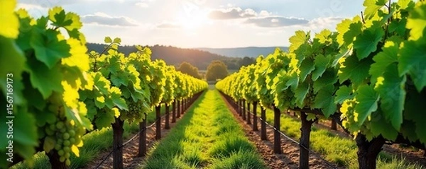 Fototapeta Sun-Drenched Vineyard Rows of Lush Grape Vines Heavy with Ripening Fruit, Ready for Harvest