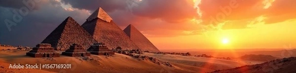 Fototapeta Majestic Pyramids at Sunset Ancient Wonders Casting Long Shadows Across the Desert Landscape
