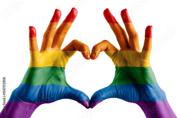 Obraz Colorful rainbow painted hands form a heart shape against a transparent background, symbolizing love, pride, and equality for LGBTQ rights.