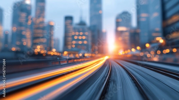 Fototapeta Blazing fiber optic superhighway streaking toward futuristic cityscape conveying ultra fast urban connectivity.
