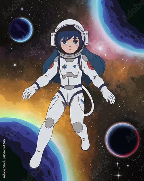 Fototapeta Anime style girl astronaut floating in space, stars and planets, graphic design illustration wallpaper 