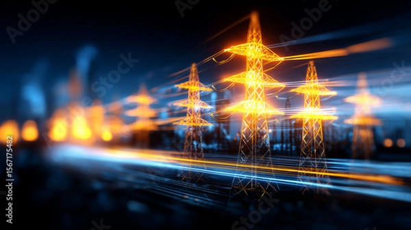 Fototapeta Futuristic power grid with blazing energy streams racing through luminous transmission towers.
