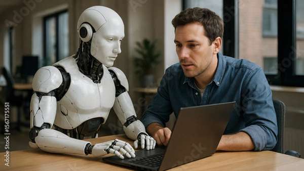 Obraz Collaborative Future: Man and AI Working Side by Side