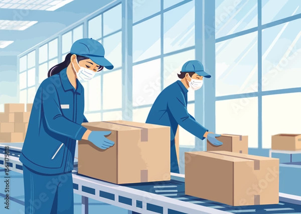 Obraz Factory workers wearing masks handling boxes on conveyor belt in manufacturing warehouse illustration