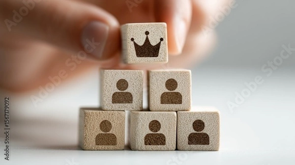 Fototapeta Wooden blocks stacked in pyramid with crown and people icons