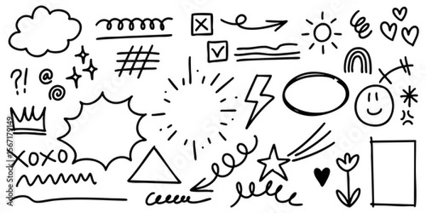 Fototapeta set of hand drawn doodle elements in black ink on a white background. Includes arrows, speech bubbles, stars, hearts, lightning bolt, sun, checkboxes, curly lines, shapes, and decorative symbols.