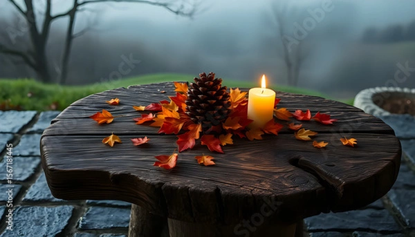 Fototapeta Autumn Still Life with Dry Leaves, Pine Cones and Candle