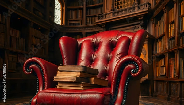 Obraz Stack of Vintage Books with Warm Lighting and Dust Particles