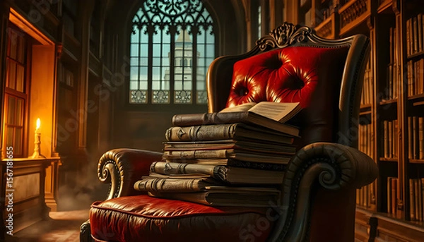 Obraz Stack of Vintage Books with Warm Lighting and Dust Particles