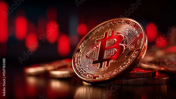 Fototapeta Dramatic cryptocurrency downturn symbolised by a red lit Bitcoin coin against a bearish trading backdrop.
