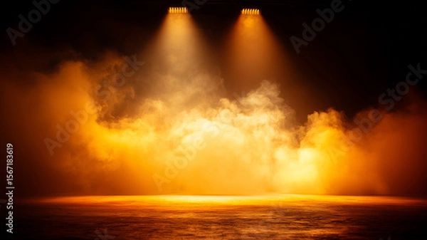 Fototapeta A dramatic event venue filled with rich amber spotlights and swirling stage fog, highlighting an empty space ready for inspiring performances and grand presentations.
