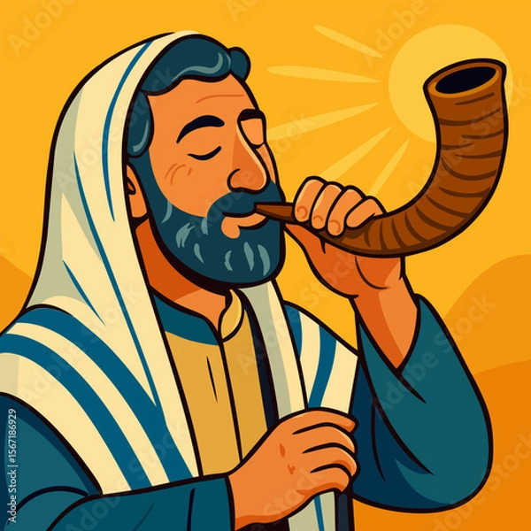 Fototapeta Jewish man blowing shofar to celebrate Rosh Hashanah. Bright vector illustration