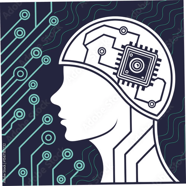 Fototapeta seamless vector background with abstract circuit human head silhouette with gears