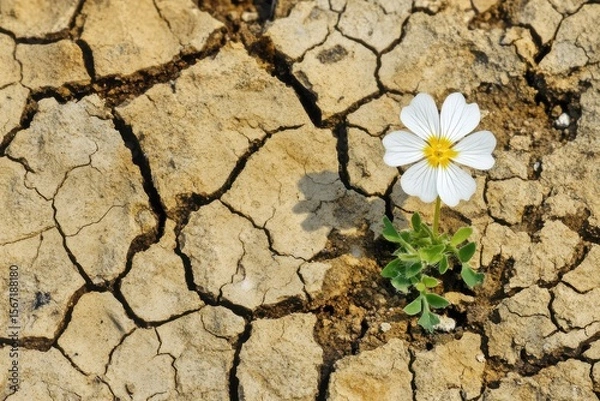 Fototapeta Resilience of life white flower in dry cracked earth
