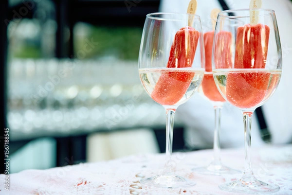 Fototapeta Elegant outdoor scene with three glasses of sparkling water infused with fresh strawberry slices, positioned on a pink embroidered tablecloth, capturing a summer refreshment vibe