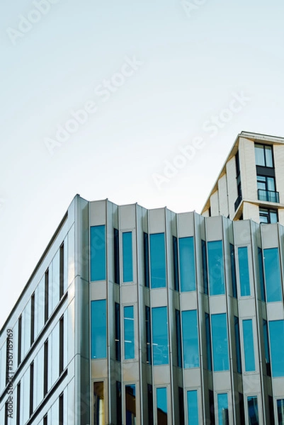 Fototapeta Modern urban building with sleek glass façade and unique vertical window arrangement, set against a clear blue sky, creating an architectural statement in a contemporary cityscape