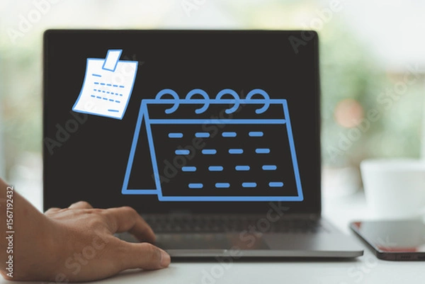 Fototapeta A man's hand is using a laptop displaying a digital calendar and note icon, representing work schedule, event planning, and time management for business and personal productivity in a modern workspace