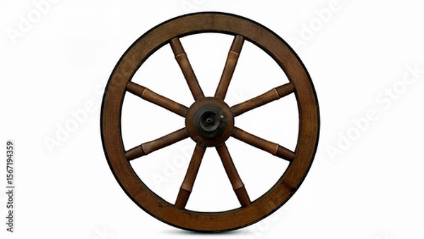 Fototapeta Old wooden wagon wheel with metal hub, isolated on a white background, showing rustic craftsmanship and circular shape. Suitable for historical, transportation, or antique-themed design and