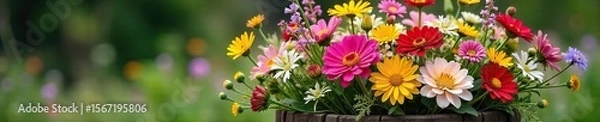 Fototapeta Overflowing Rustic Wooden Bin of Vibrant Wildflowers A Springtime Floral Abundance Perfect for Home Decor, Gardening, and Floral Design Websites