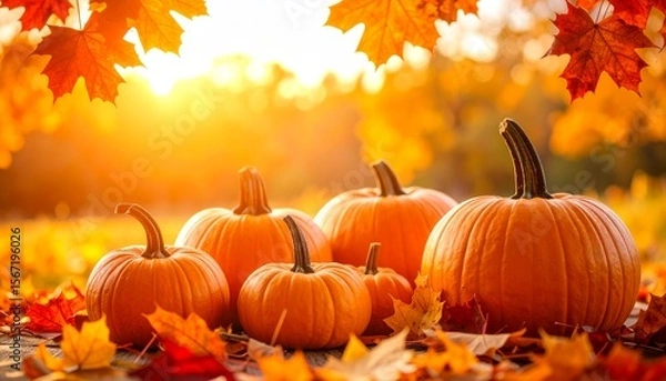Obraz Autumn harvest of pumpkins with vibrant fall foliage and warm sunlight backdrop