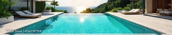 Fototapeta Luxurious Turquoise Poolside Relaxation Expansive Deck, Elegant Design, Perfect for High-End Real Estate