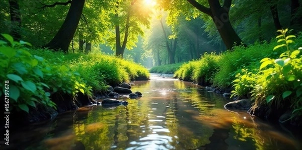 Fototapeta Serene Creek Sunlight Dapples Tranquil Stream Winding Through Lush Green Foliage, Idyllic Wilderness Scene Perfect for Nature, Travel, and Environmental Projects