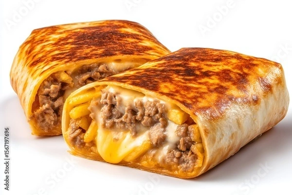Fototapeta Two crispy and golden brown French tacos with minced beef isolated on a white background