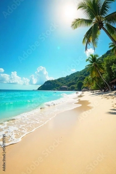 Fototapeta Golden sand meets turquoise water under a brilliant sunny sky Perfect for summer vacations and travel brochures Relaxing beach scene with gentle waves lapping the shore , sun, vacation