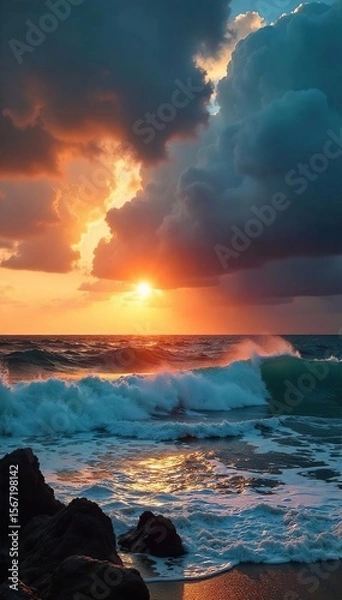 Fototapeta Dramatic Sunrise Ocean Storm Turbulent Waves Crashing on Shore, Golden Light Breaks Through