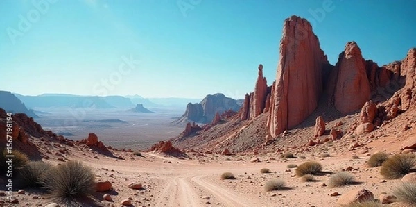 Fototapeta Dramatic Jagged Rock Formations Against a Stark Blue Sky A Testament to Natures Raw Power and the Unrelenting Force of Time and Erosion