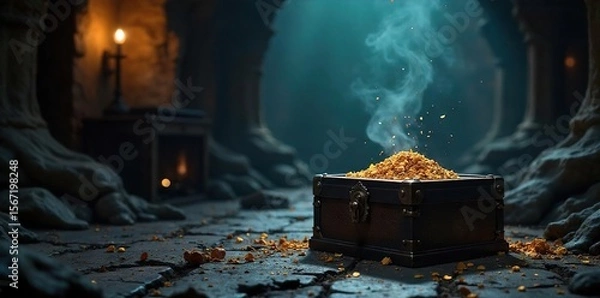 Fototapeta A shadowy figure, a locked box, and scattered clues hint at a hidden treasure and a thrilling mystery to be solved Discover the secret behind the sale, unravel the enigma!, figure, secrets, truth