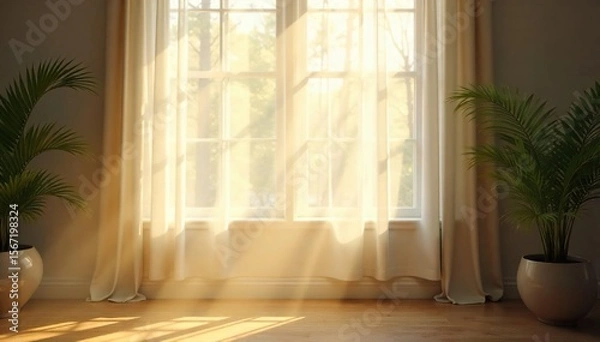 Fototapeta Serene Sunlight Streaming Through Sheer Curtains Peaceful Room Interior
