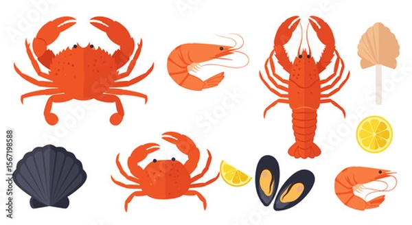 Fototapeta Illustration of various seafood items including crabs, shrimp, lobster, and shellfish arrayed nicely