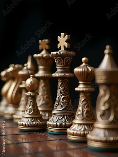 Fototapeta An elaborate chess set featuring a royal-themed design, intricately detailed with ornamental carvings that display exquisite artistry and craftsmanship throughout.