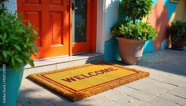 Fototapeta Welcoming Colorful Doormat in Sunlight, Inviting Entrance to Building, Cheerful Atmosphere