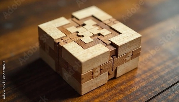 Fototapeta Intricate Wooden Puzzle Box A Challenging Sliding Puzzle Requiring Strategic Thinking and Spatial Reasoning for Problem Solving. Test Your Skills with This Engaging and Satisfying Hobby.