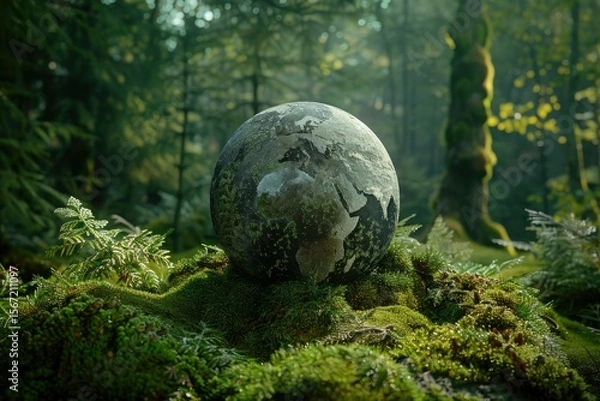 Fototapeta Ultra Hd Image of Globe on Moss in Forest for Environmental Concept