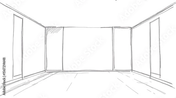 Obraz Drawn perspective view of room interior with doors in an art sketch