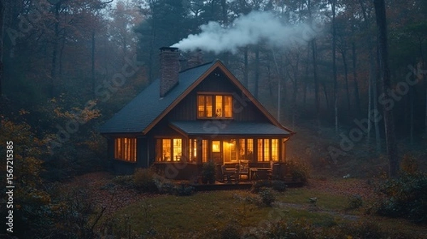 Fototapeta Cozy Cabin in Misty Forest: Warm Lights, Smoke, Autumnal Serenity.