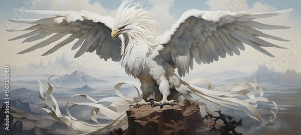 Fototapeta A haunted gothic white phoenix perched on a wind-swept hill,ai generative