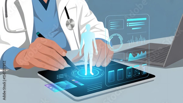 Fototapeta Doctor using tablet shows futuristic medical data and human body hologram for medical analysis and innovative healthcare solutions.