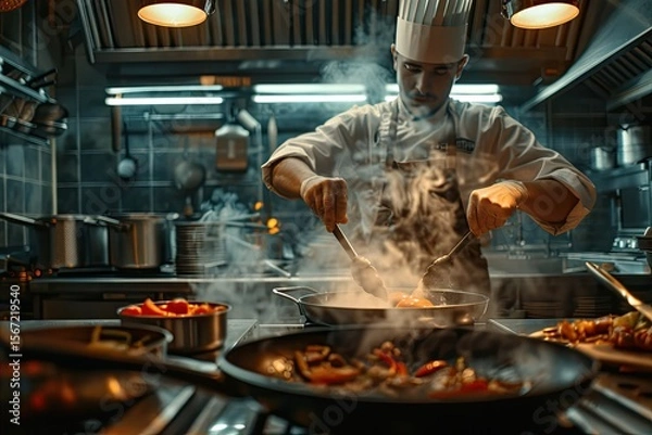 Obraz Detailed Color Image of Happy Chef Stirring Food in a Restaurant Kitchen