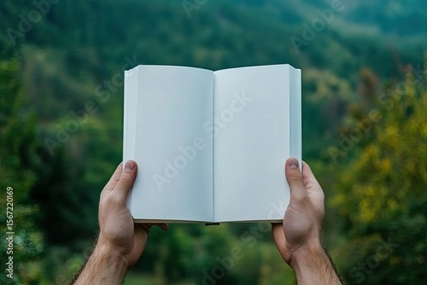 Obraz Man Holding White Blank Book on Front with Nature Background, Copy Space