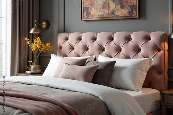Fototapeta Luxurious Plump Headboard Cushion Comfort and Style for Any Bedroom. Perfect for relaxing, reading, or simply enjoying a peaceful morning. Available in a variety of colors and fabrics.