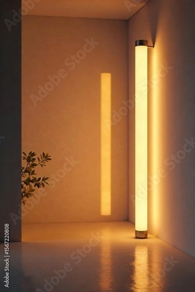 Fototapeta Warm Ambient Lighting in Minimalist Room Sleek Pipes Cast Inviting Glows on Walls, Perfect for Interior Design Inspiration