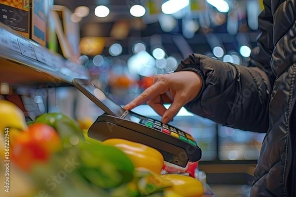 Obraz High Quality Visual of Sales Assistant Using a Credit Card Reader on a Digital Tablet