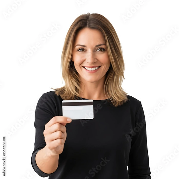 Fototapeta Smiling woman holding a blank payment card with magnetic stripe in her hand facing the camera on transparent background