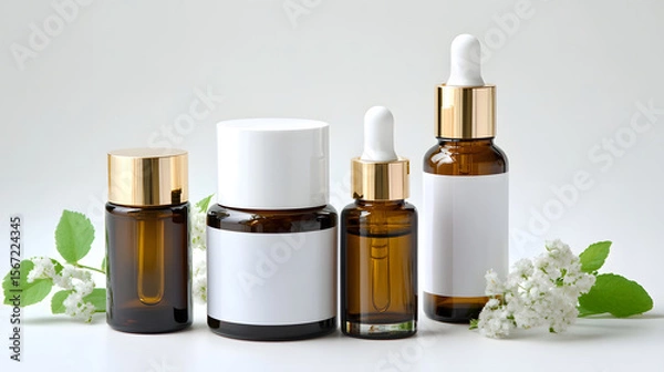 Fototapeta Minimalist cosmetic bottles and jars with blank labels, gold caps, and dropper, arranged with white flowers and green leaves on white background, clean and elegant style