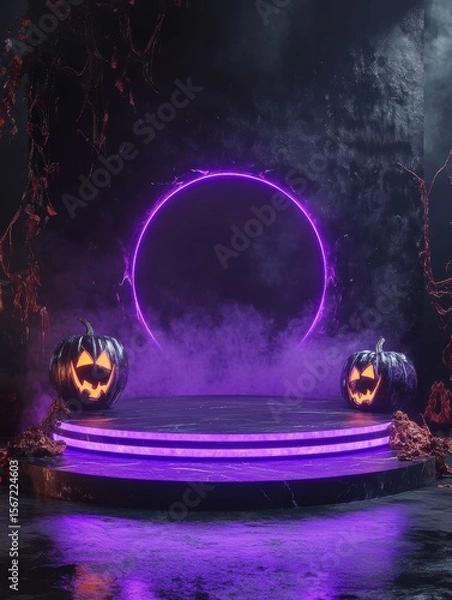 Fototapeta sharp image of black and purple podium stage for product presentations and promotions with Halloween celebration theme decorations. high detail 8k
